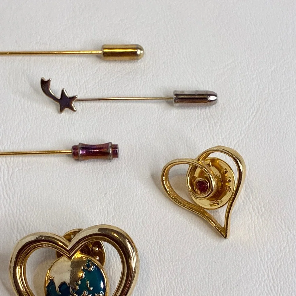 Vintage Pin Lot Avon Heart World Star Stick Pins Gold Tone Jewelry 7 Pieces